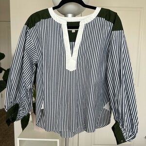 LOFT Colorblock Striped Poplin Split Neck Blouse